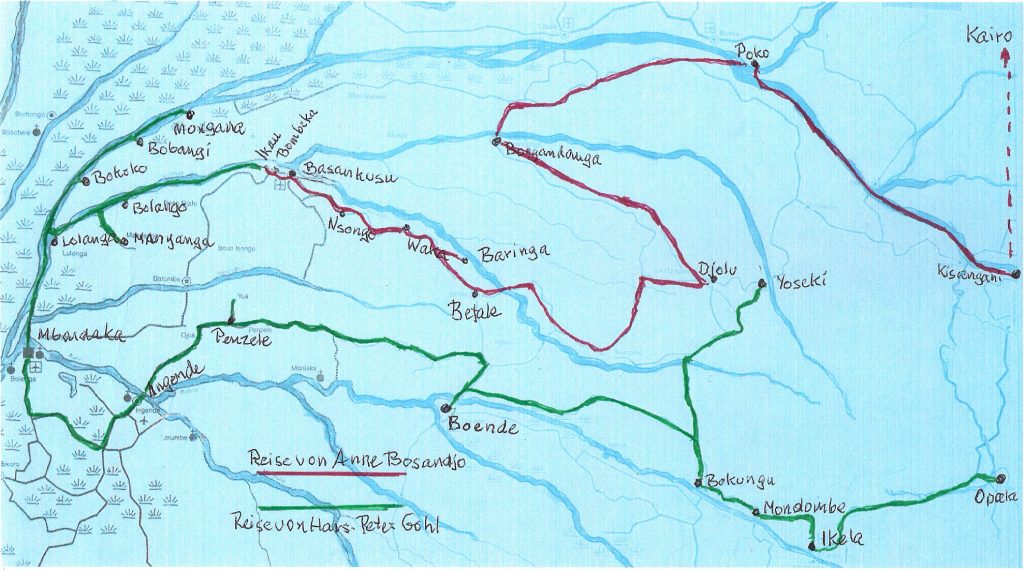 Karte von Zentralafrika mit den Reiserouten von Hans-Peter Gohl und Anne Bosanda